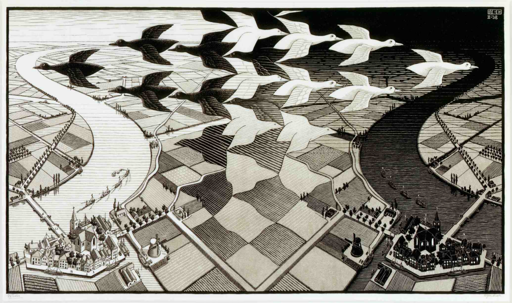 A sketch of a country side, with bird tessellations in the middle. Left and Right are essentially mirror images. Left side is the light 'day', and right side is the dark 'night'.