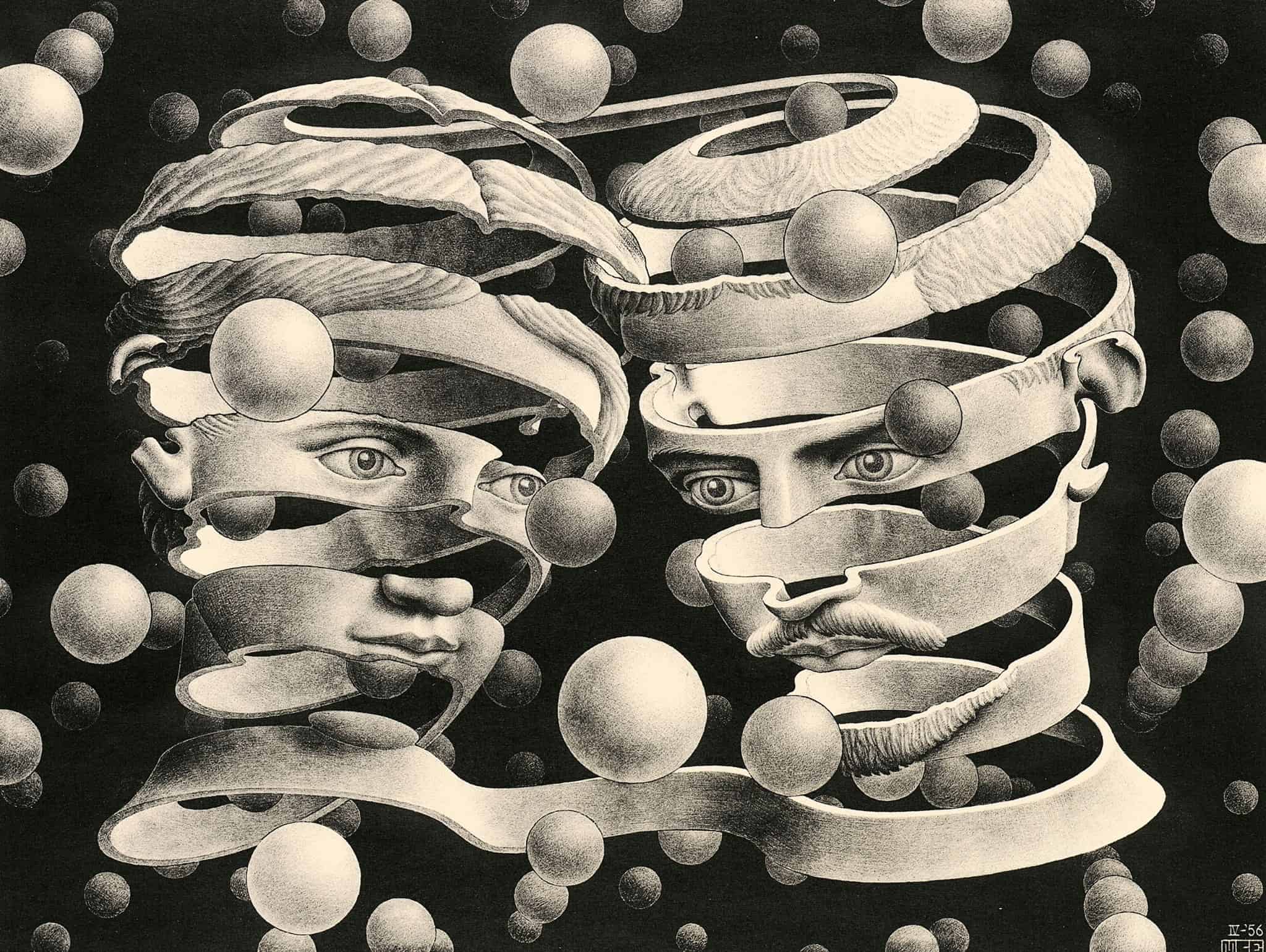 A sketch of a woman's & a man's heads floating in a void with little spheres. The heads are made of a single ribbon that connects them. It's hard to describe.