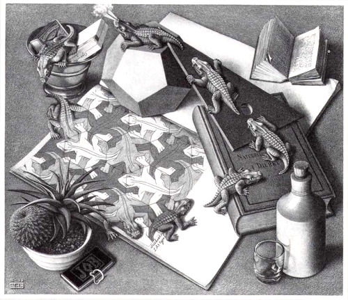 A sketch showing a loop of crocidiles crawling out of a tessellation drawing, walking across a desk, then crawling back into the tessalation drawing.